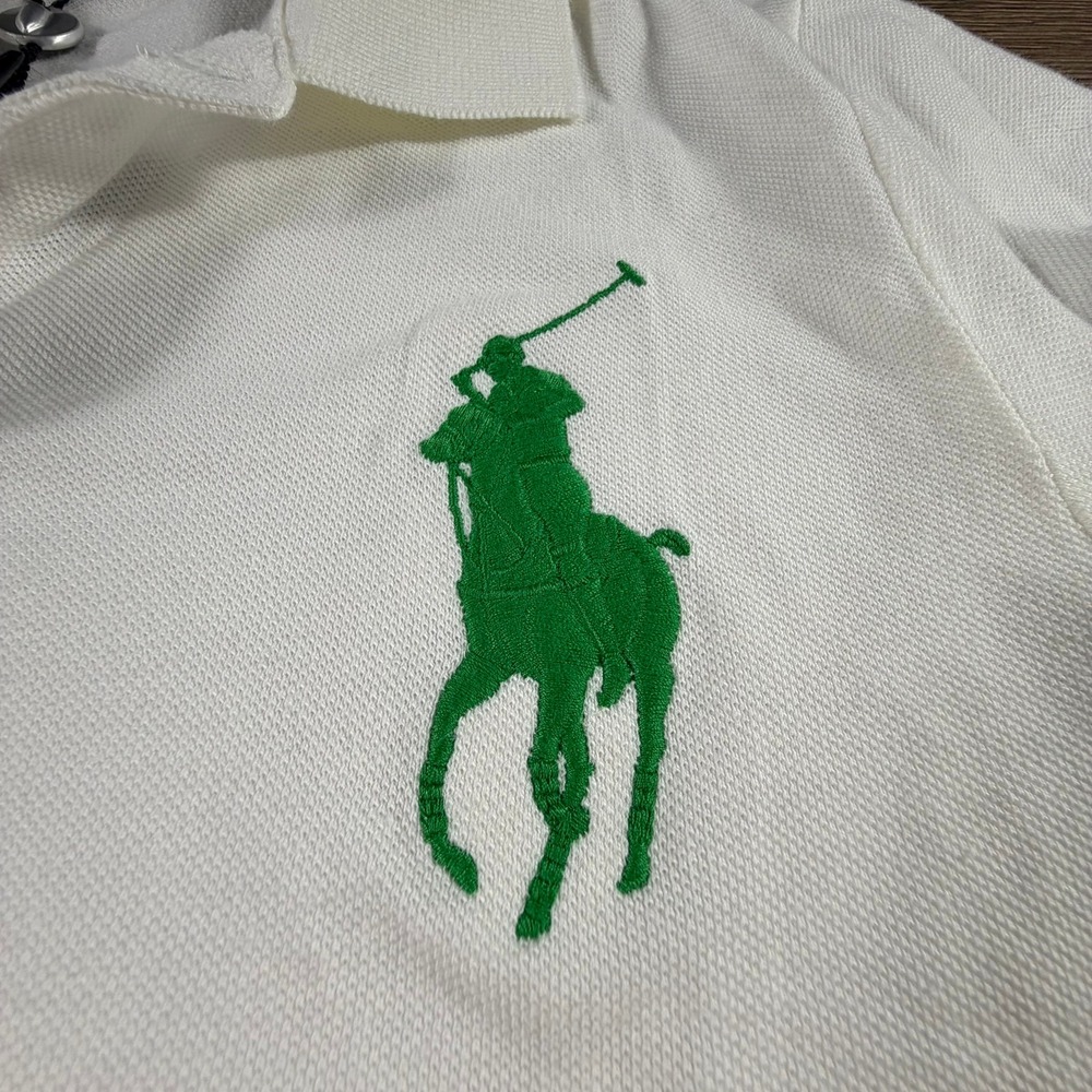 Ralph Lauren Kids Big Pony Mesh Polo Shirt White Green Long Sleeve Size L NWT